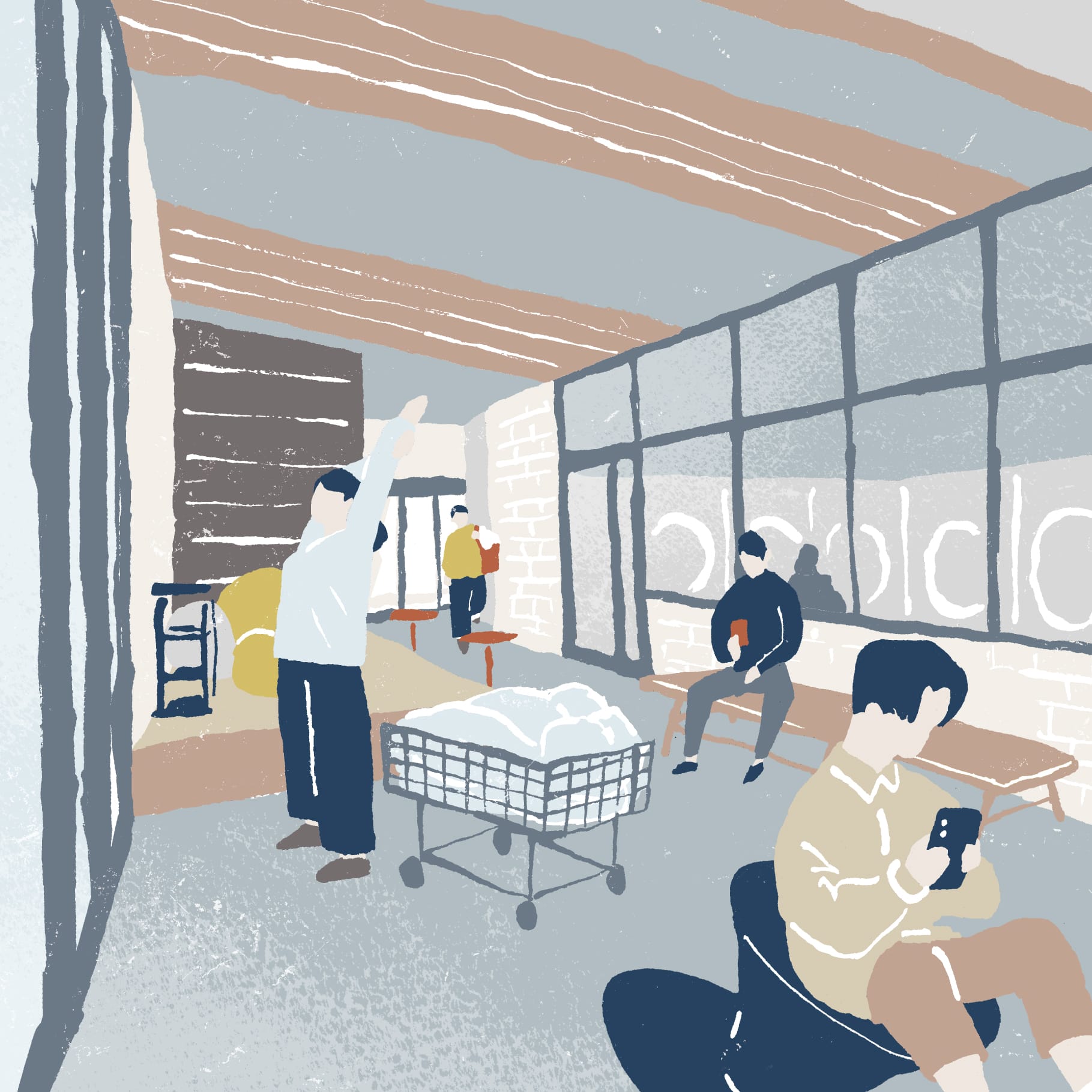 ランドリー施設での洗濯作業の様子