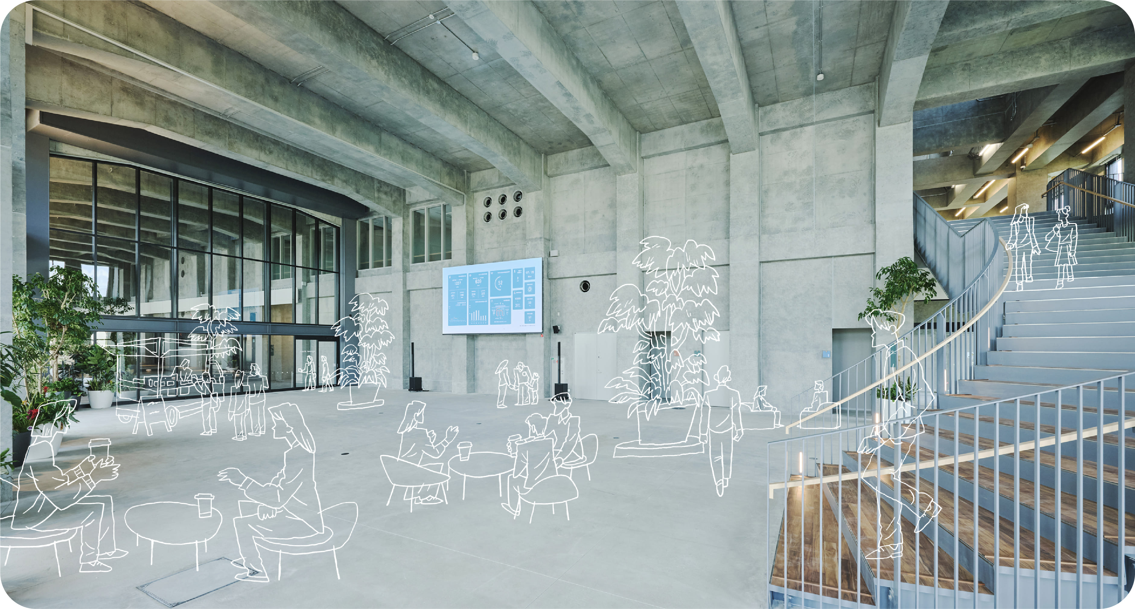 施設内部、コンクリート造りのエントランスと螺旋階段