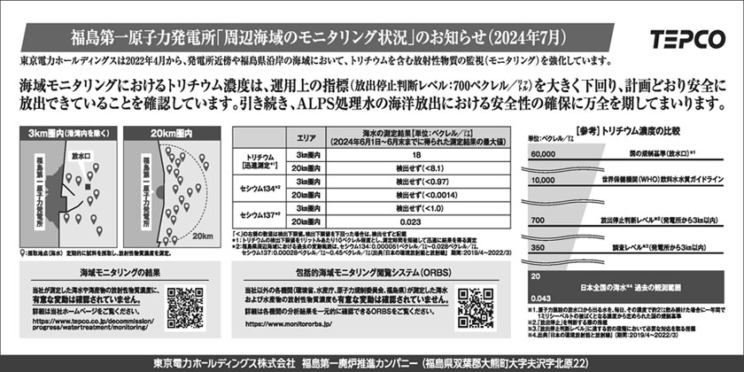 福島第一原子力発電所「周辺海域のモニタリング状況」のお知らせ