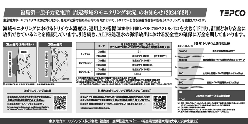 福島第一原子力発電所「周辺海域のモニタリング状況」のお知らせ