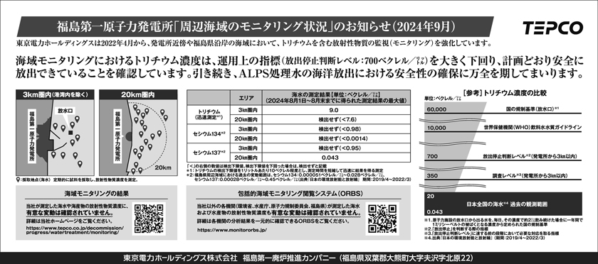 福島第一原子力発電所「周辺海域のモニタリング状況」のお知らせ