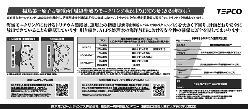 福島第一原子力発電所「周辺海域のモニタリング状況」のお知らせ