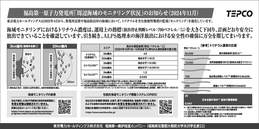 福島第一原子力発電所「周辺海域のモニタリング状況」のお知らせ