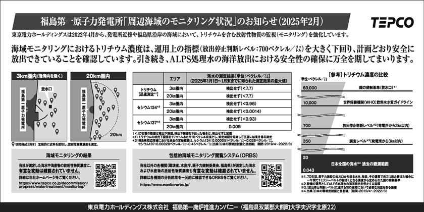 福島第一原子力発電所「周辺海域のモニタリング状況」のお知らせ