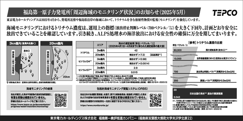 福島第一原子力発電所「周辺海域のモニタリング状況」のお知らせ