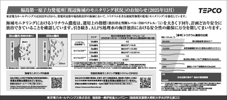 福島第一原子力発電所「周辺海域のモニタリング状況」のお知らせ