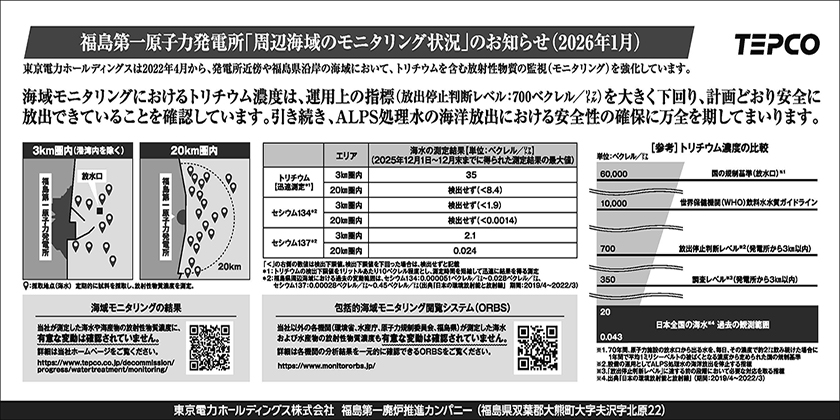 福島第一原子力発電所「周辺海域のモニタリング状況」のお知らせ
