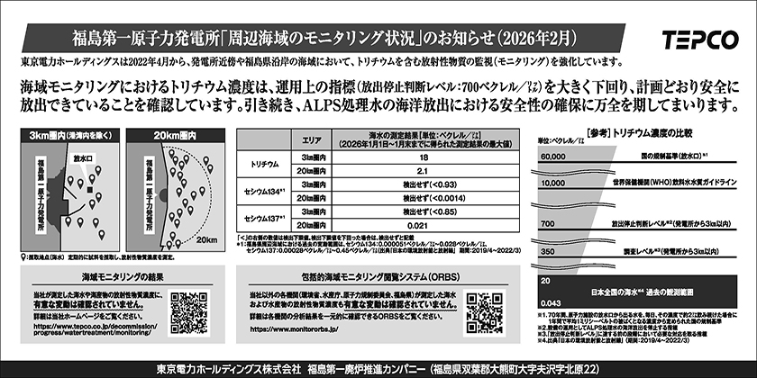 福島第一原子力発電所「周辺海域のモニタリング状況」のお知らせ