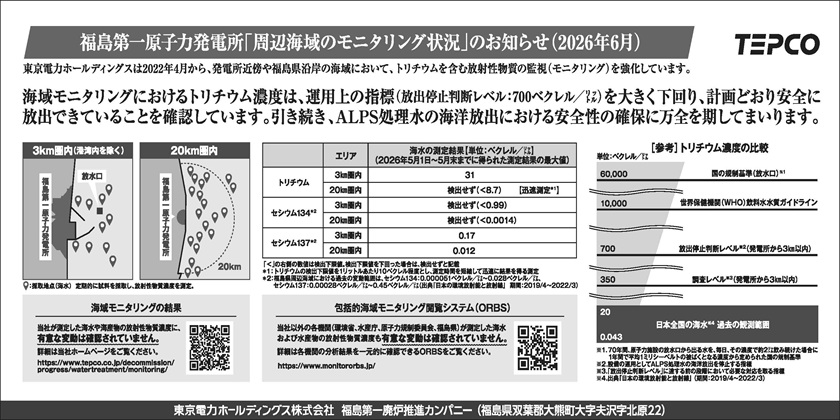 福島第一原子力発電所「周辺海域のモニタリング状況」のお知らせ