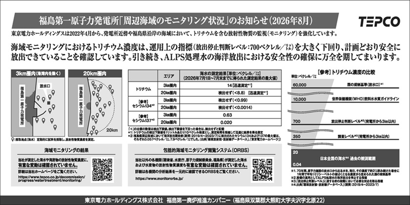 福島第一原子力発電所「周辺海域のモニタリング状況」のお知らせ