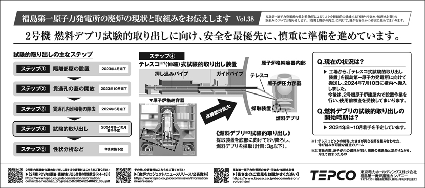 2号機　燃料デブリ試験的取り出しに向け、安全を最優先に、慎重に準備を進めています。