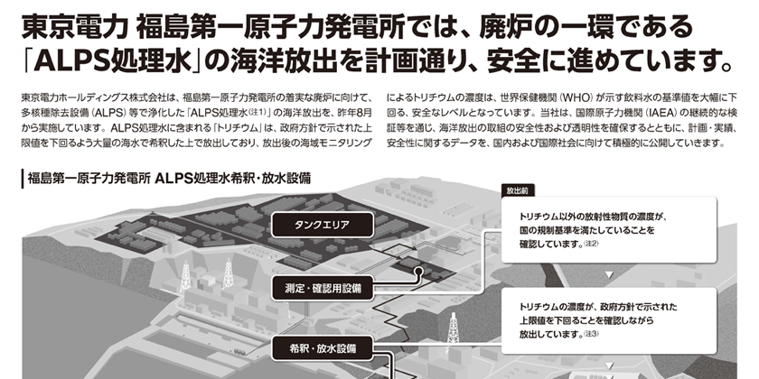 臨時号 東京電力 福島第一原子力発電所では、廃炉の一環である「ALPS処理水」の海洋放出を計画通り、安全に進めています。