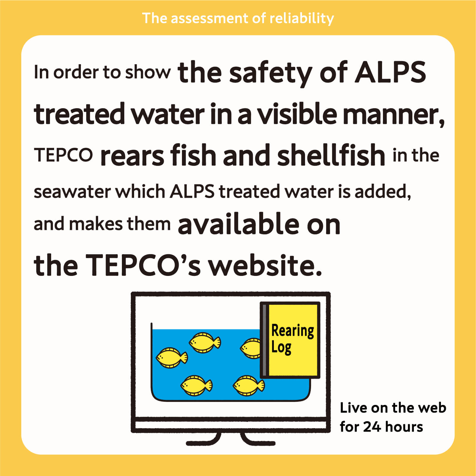 In order to show the safety of ALPS treated water in a visible manner, TEPCO rears fish and shellfish in the seawater which ALPS treated water is added, and makes them available on the TEPCO’s website.