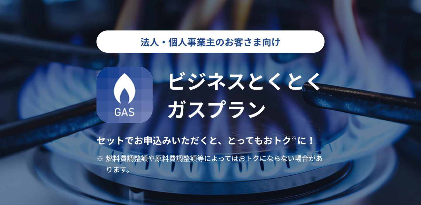 法人・個人事業主のお客さま向け ビジネスとくとくガスプラン セットでお申込みいただくと、とってもおトク※に! ※燃料費調整額や原料費調整額等によってはおトクにならない場合があります。