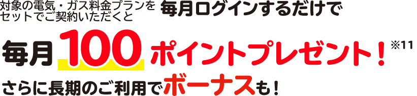 対象の電気・ガス料金プランをセットでご契約いただくと毎月ログインするだけで毎月100ポイントプレゼント