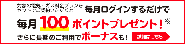 対象の電気・ガス料金プランをセットでご契約いただくと毎月ログインするだけで毎月100ポイントプレゼント！※