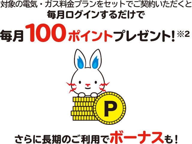 対象の電気・ガス料金プランをセットでご契約いただくと毎月ログインするだけで毎月100ポイントプレゼント※２