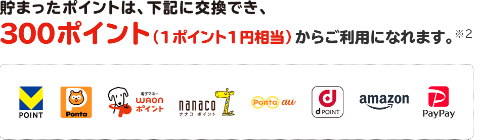 貯まったポイントは、下記に交換でき、１ポイント（=1円相当）からご利用になれます。