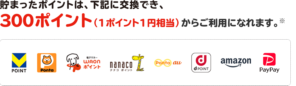 貯まったポイントは、下記に交換でき、１ポイント（=1円相当）からご利用になれます。