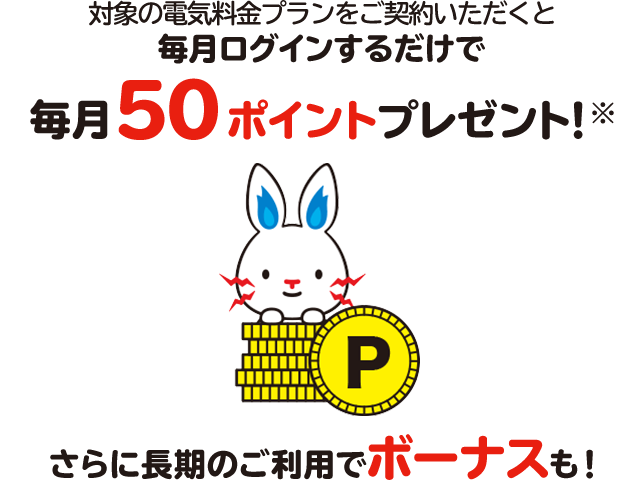 対象の電気・ガス料金プランをセットでご契約いただくと毎月ログインするだけで毎月100ポイントプレゼント！※