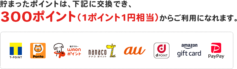 貯まったポイントは、下記に交換でき、１ポイント（=1円相当）からご利用になれます。