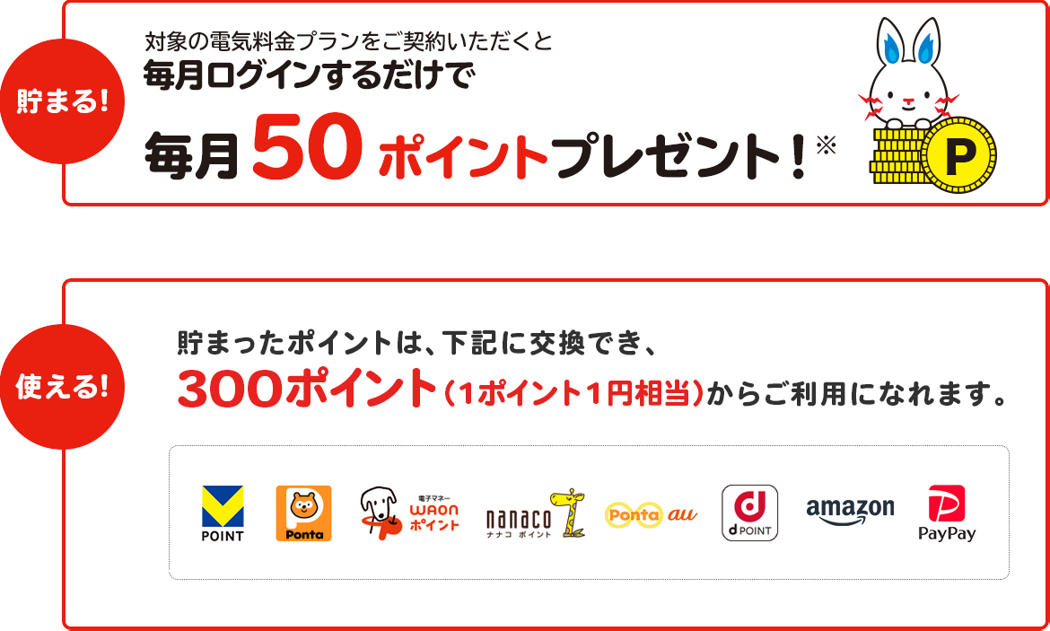 対象の電気・ガス料金プランをセットでご契約いただくと毎月ログインするだけで毎月100ポイントプレゼント！※