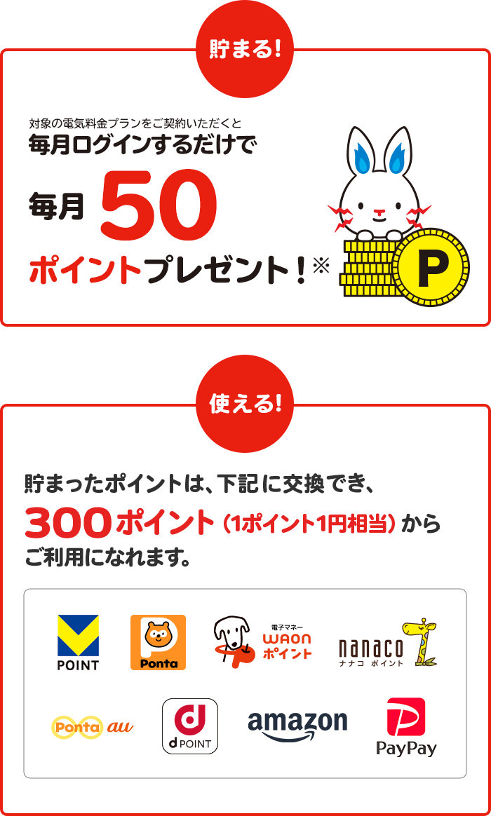 対象の電気・ガス料金プランをセットでご契約いただくと毎月ログインするだけで毎月100ポイントプレゼント！※