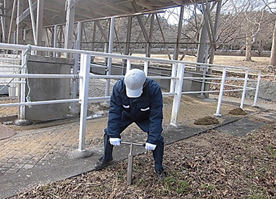 牛の通路脇の土壌サンプル採取状況（ご不安箇所の調査）