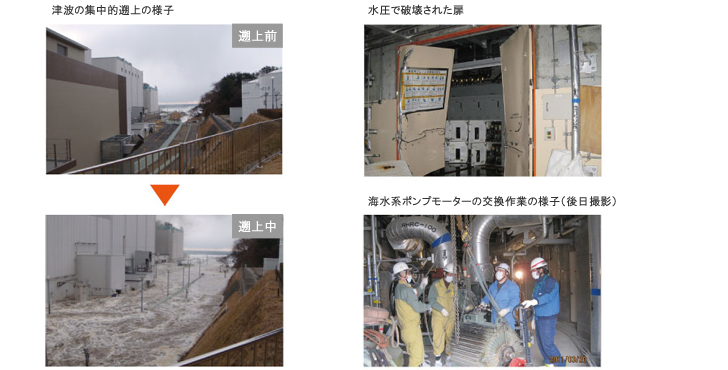 津波の集中的遡上の様子 水圧で破壊された扉 海水系ポンプモーターの交換作業の様子（後日撮影）